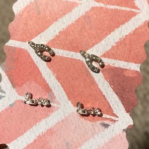 Wishbone and Love Silver Colored Stud Earrings with Rhinestones